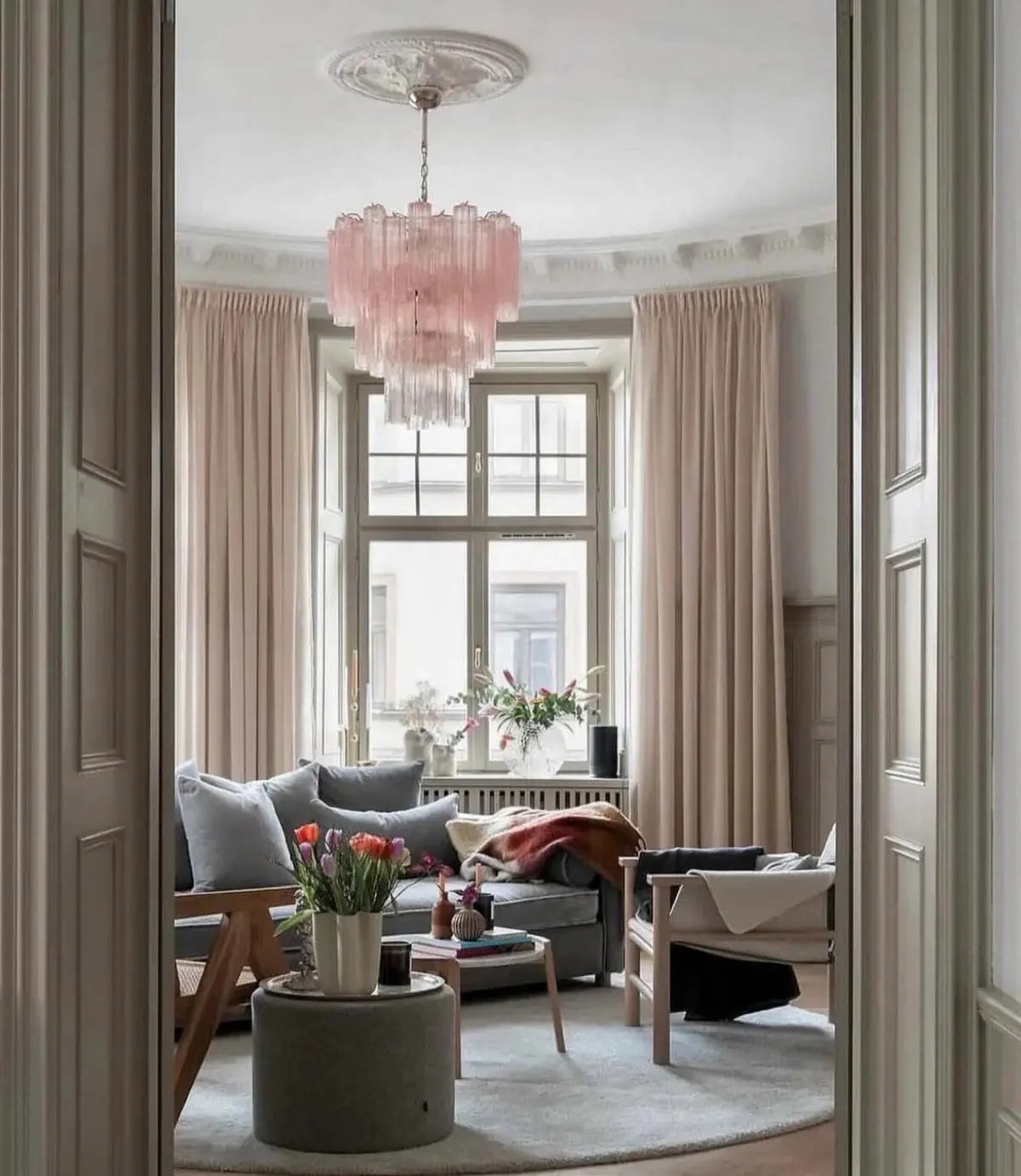 Murano Lysekrone 48 Glassrør - Rosa/Gull matt ramme Murano Studio